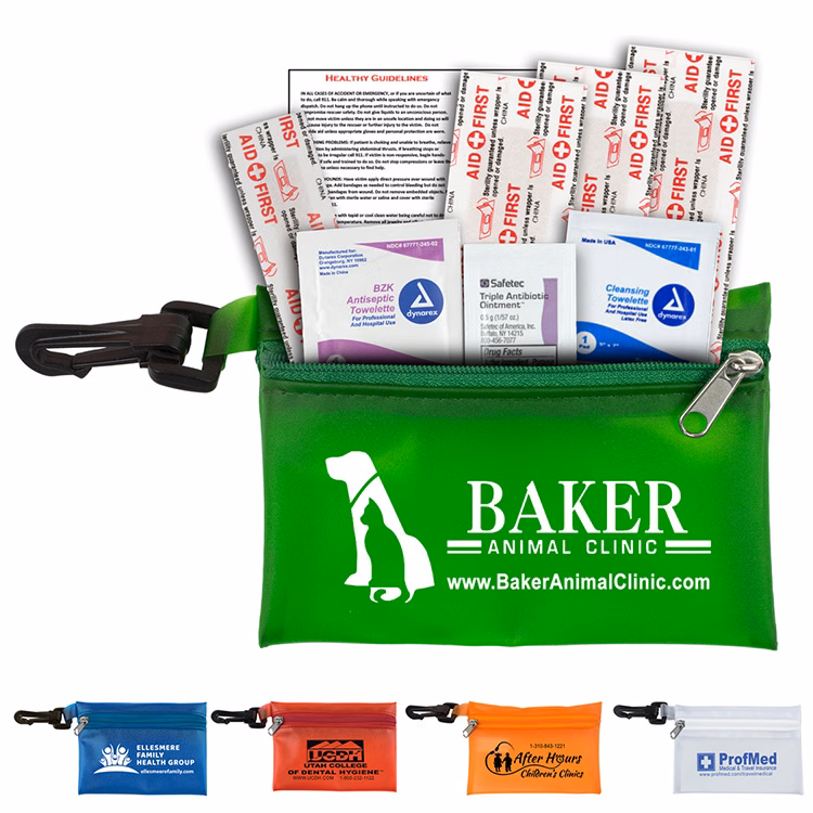 "PARKWAY PLUS" 8 Piece First Aid Kit in Translucent Zipper Kit with Plastic Carabiner Attachment