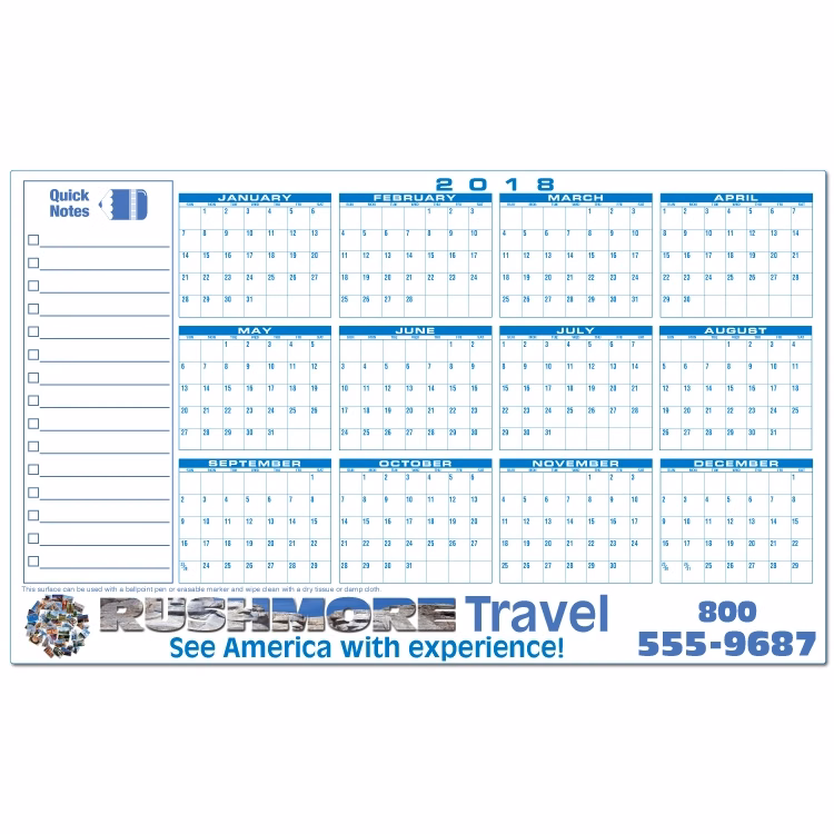 Full Color Premium Plastic Write-on/ Wipe-off Year-at-a-Glance Calendar (Horizontal)