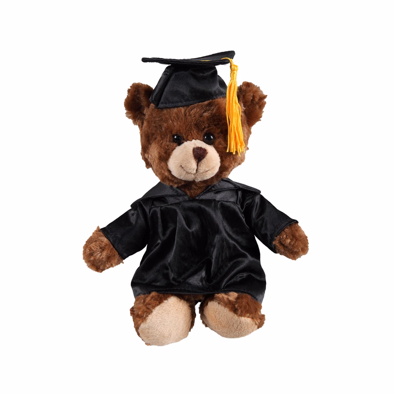 soft plush  Chocolate Curly Sitting Bear with graduation cap &gown