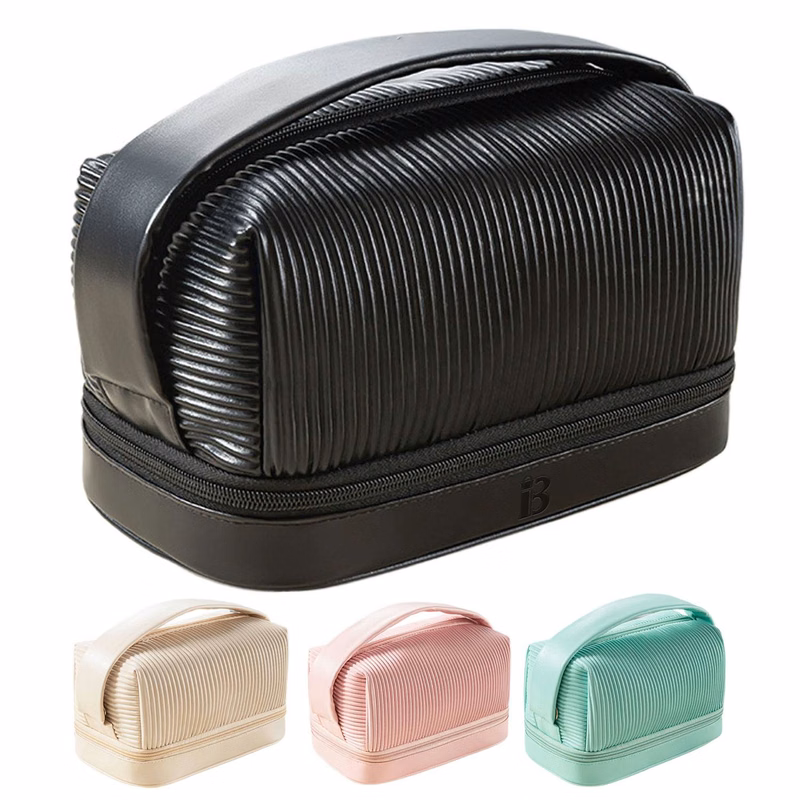 Portable Waterproof Double Layer PU Leather Cosmetic Bag