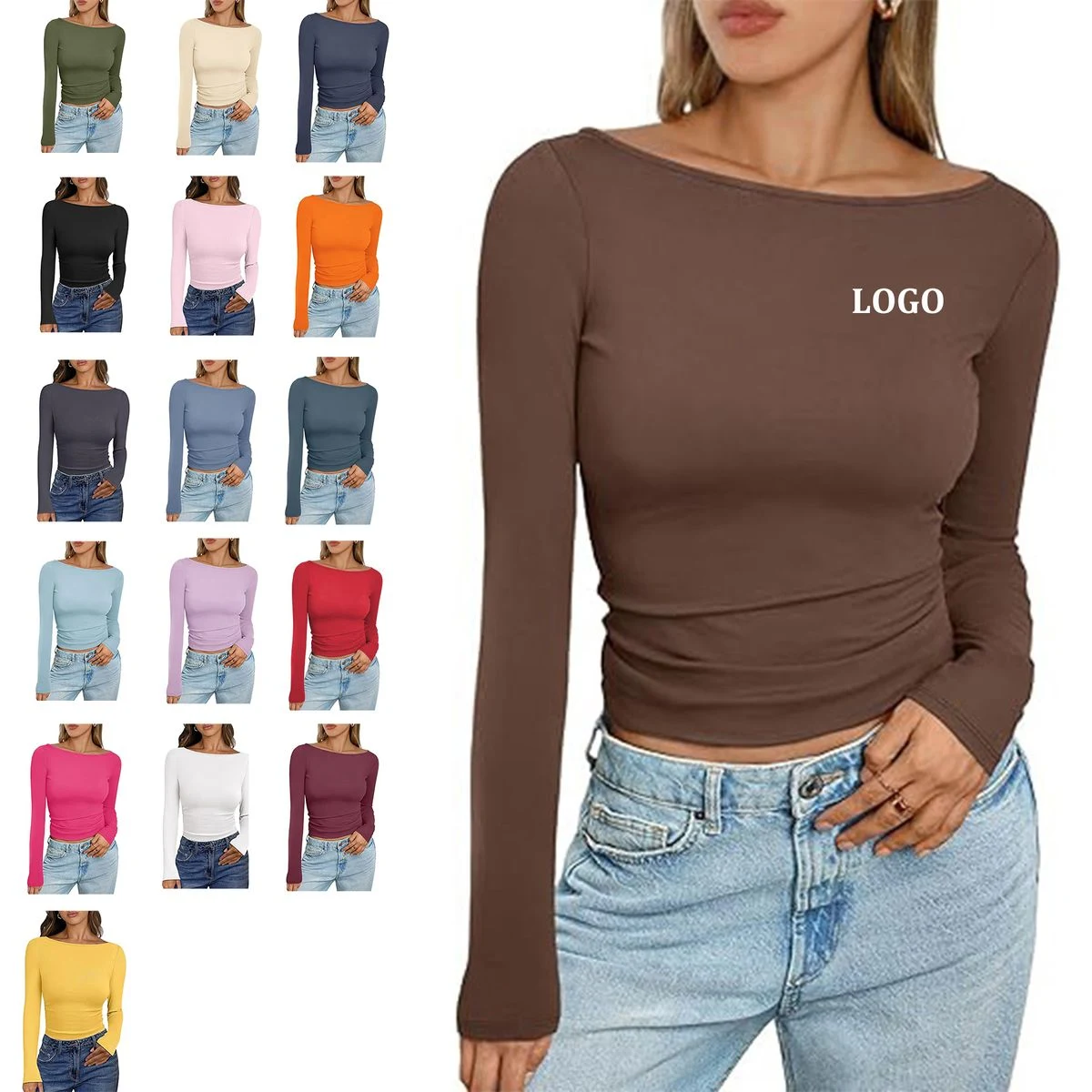 Women Boat Neck Long Sleeve Shirt 1