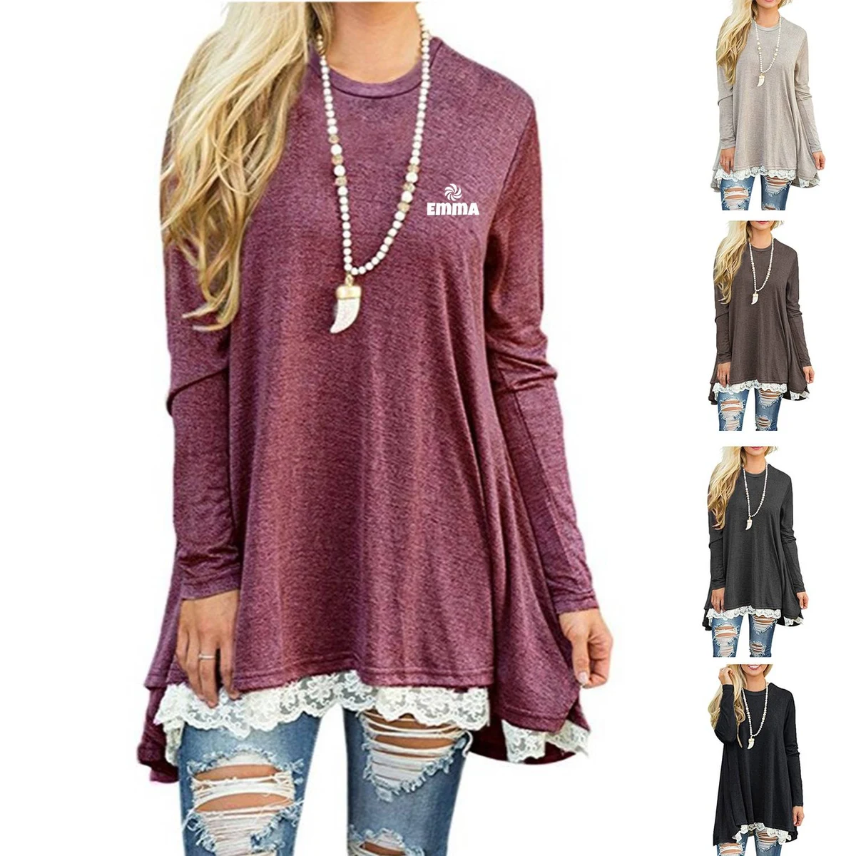 Womens Loose Long Sleeve Lace Hem Scoop Neck Tunic Top 1