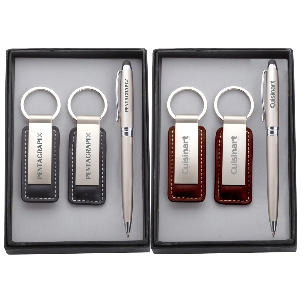 Neoclassic Metal Stylus Pen & Leather/Metal Key Chain Gift Set 1