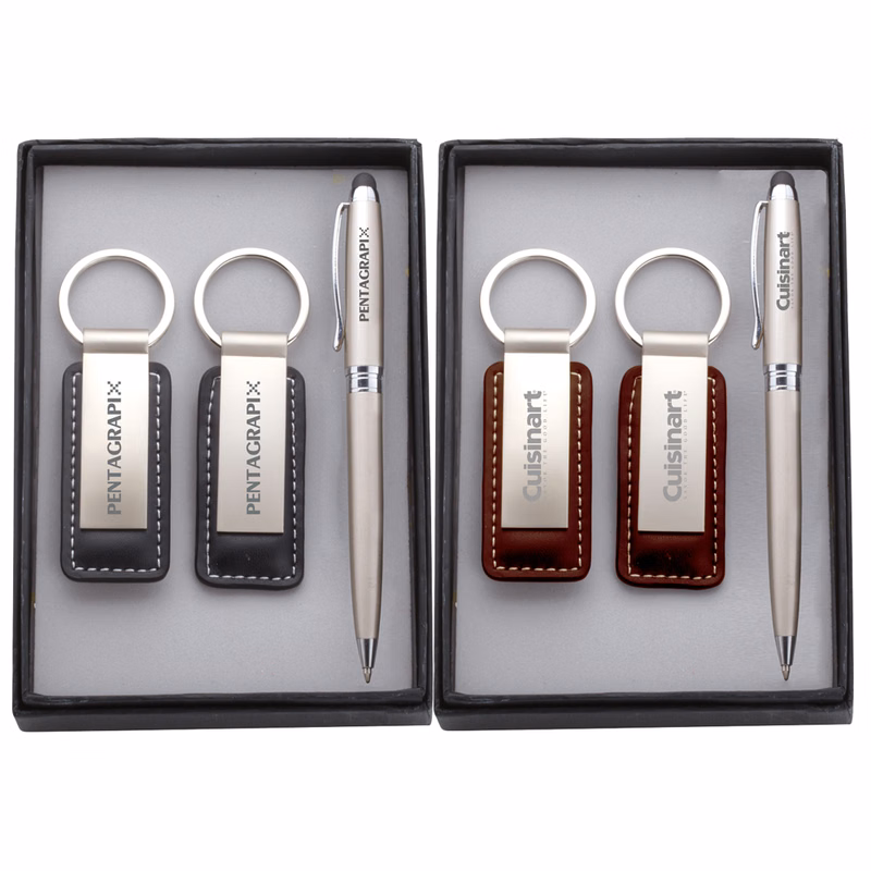 Neoclassic Metal Stylus Pen & Leather/Metal Key Chain Gift Set