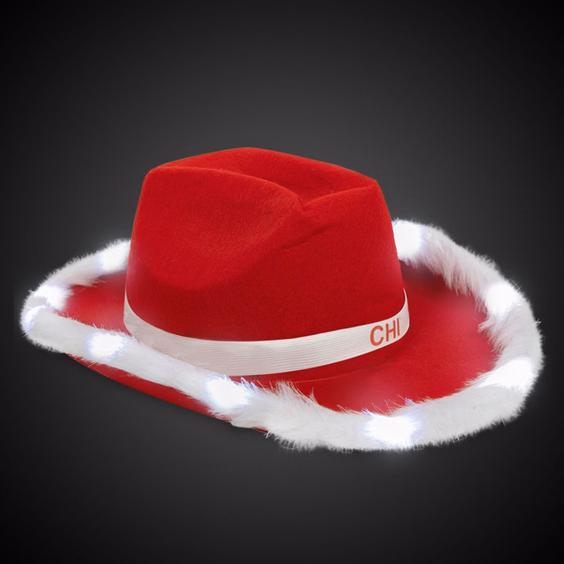Red Santa Light Up Cowboy Hat with White Marabou Trim(w/ White Imprinted Band)