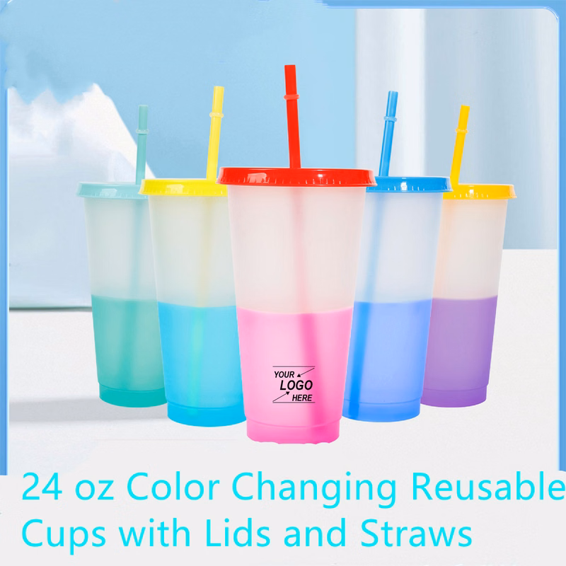 24 oz Reusable Color Changing Cups with Lids and Straws