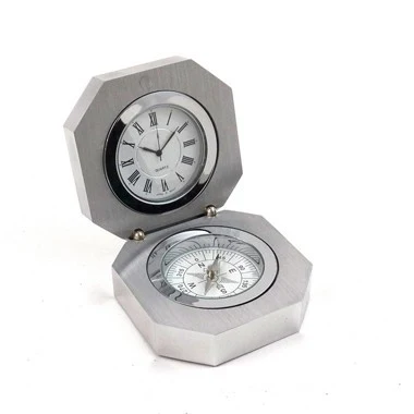 STAINLESS STEEL WITH BRUSHED FINISH 2 IN 1 CLOCK AND COMPASS GADGET, TARNISH PROOF. 1