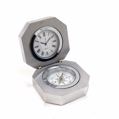 STAINLESS STEEL WITH BRUSHED FINISH 2 IN 1 CLOCK AND COMPASS GADGET, TARNISH PROOF.