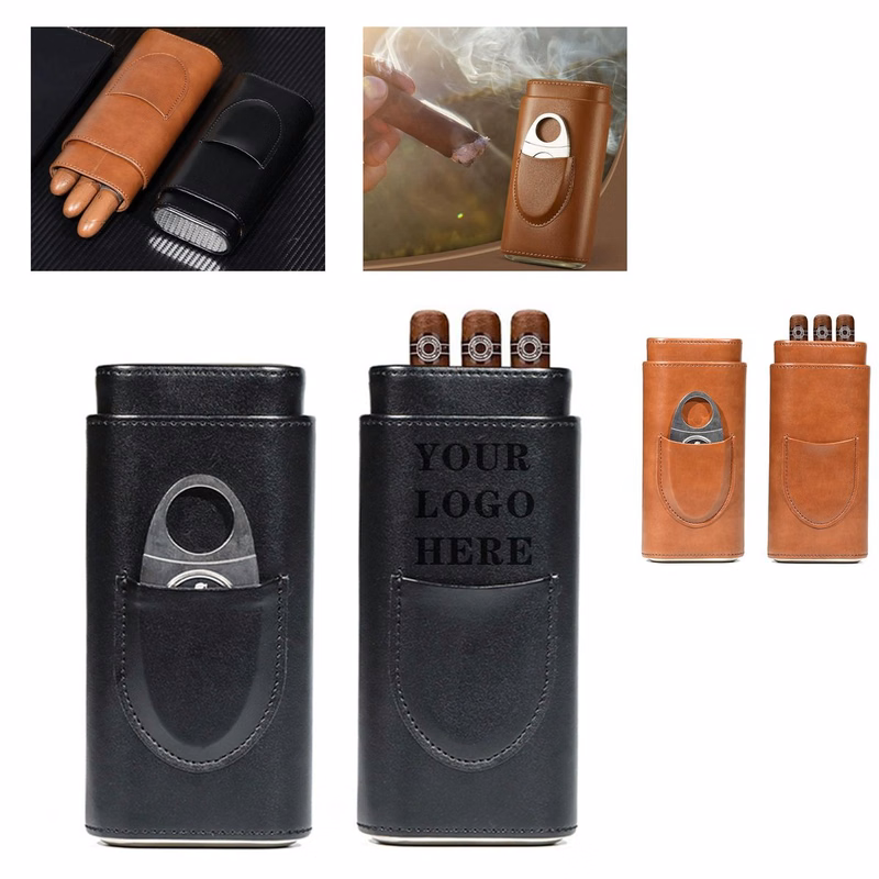 Premium Portable PU Cigar Box With Nickel Edges & Free Cigar Cutter