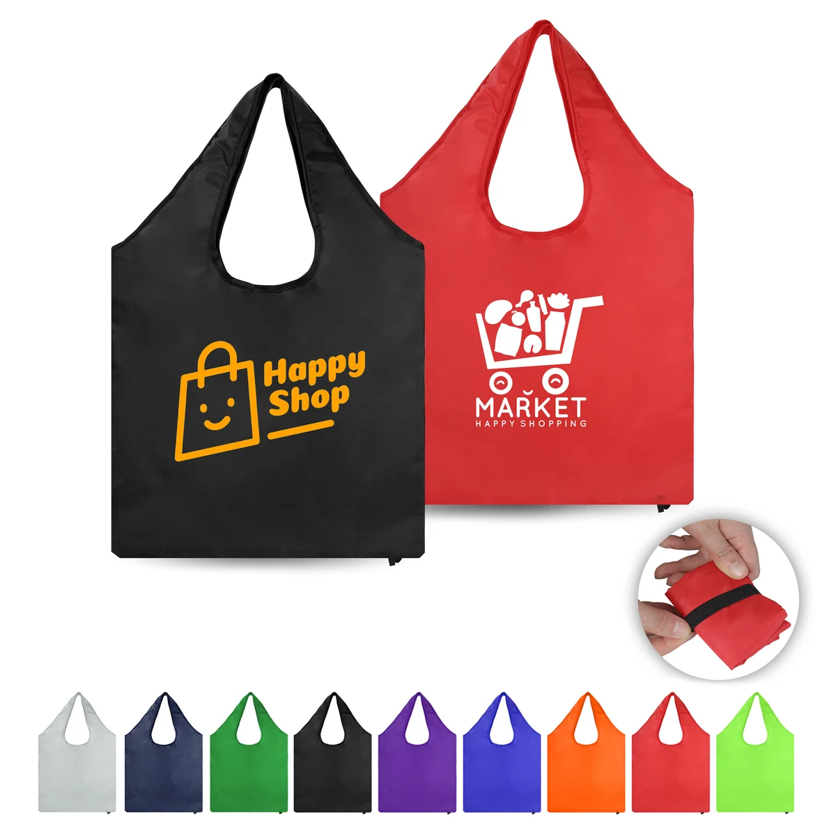 Reusable Folding Polyester Shopping Tote Bag With Elastic Strap 1