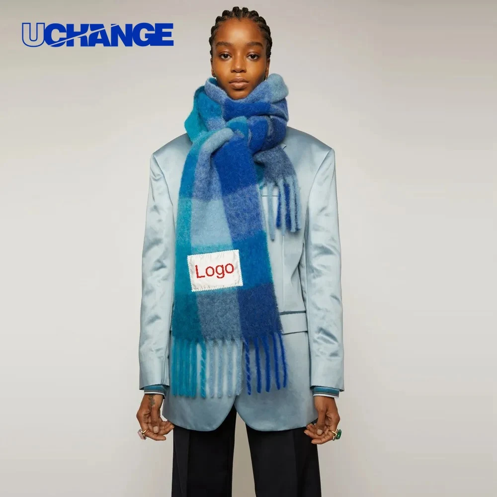 Checkered Logo Patch Fringed Scarf for Events 1