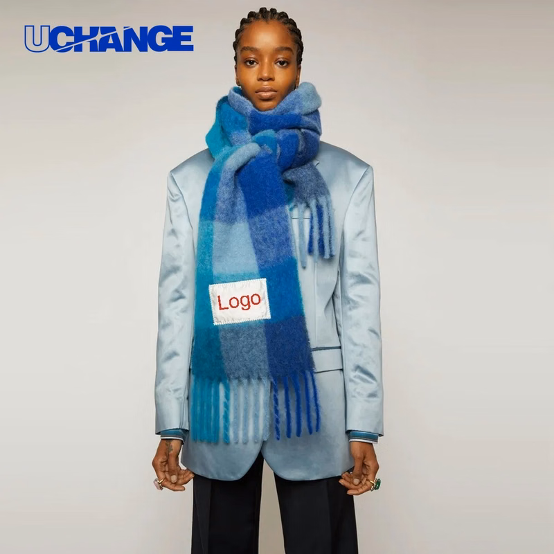 Checkered Logo Patch Fringed Scarf for Events