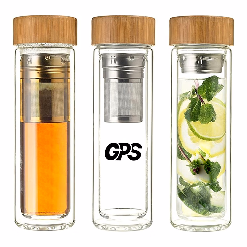 450ml double wall high borosilicate glass water bottle with bamboo lid