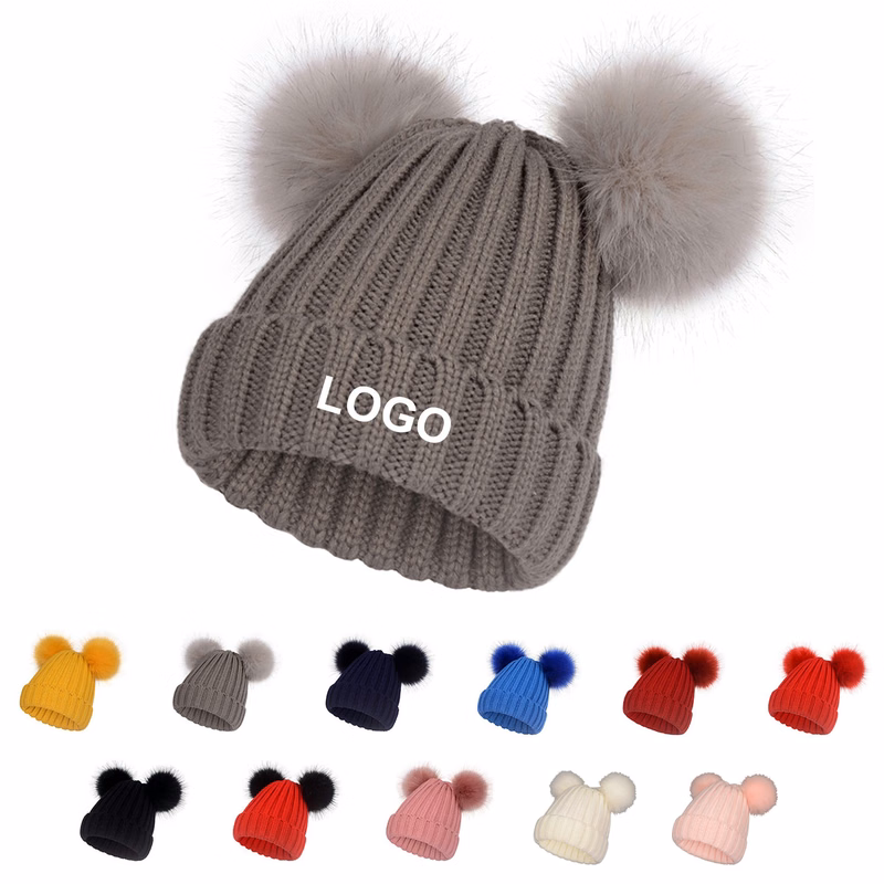 2 Pom Ears Knit Winter Fleece Hat