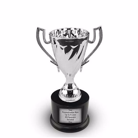 Cup Trophy: 9", 3.5x2.5" black round base w/ silve