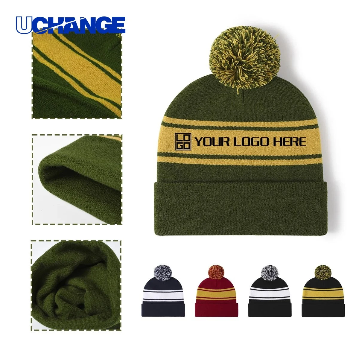 Two-Tone Knit Pom Beanie with Cuff 1