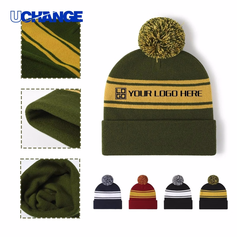 Two-Tone Knit Pom Beanie with Cuff