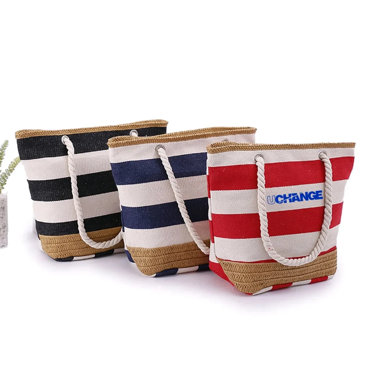 Striped Canvas Jute Beach Tote Bag With Rope Handles 1