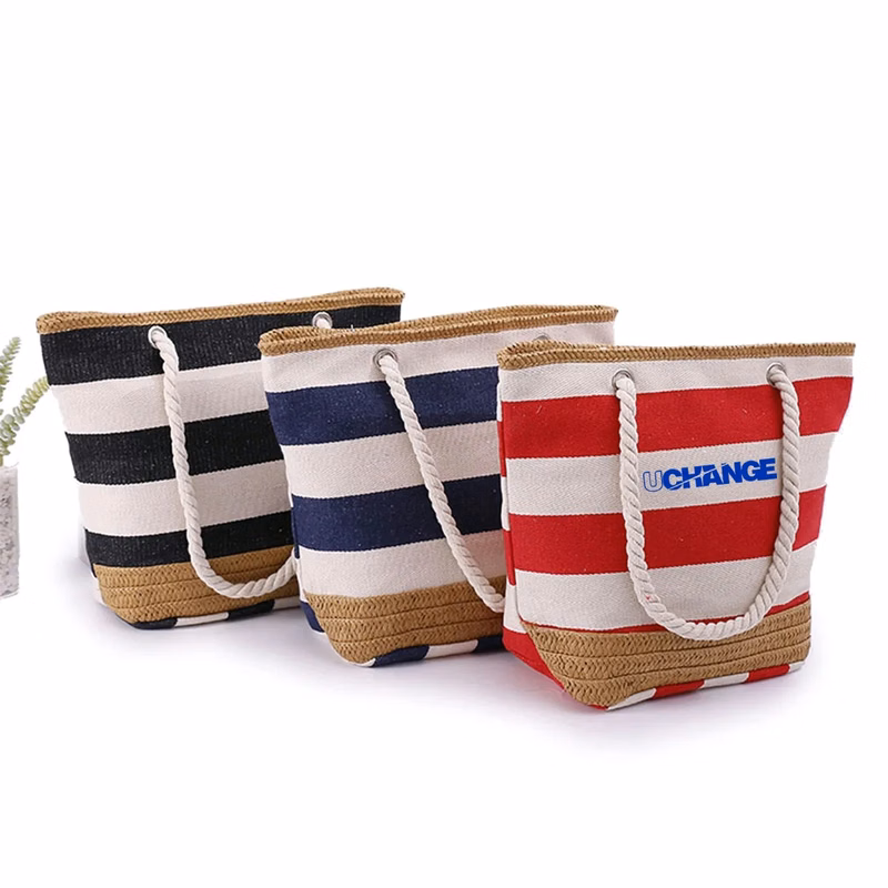 Striped Canvas Jute Beach Tote Bag With Rope Handles
