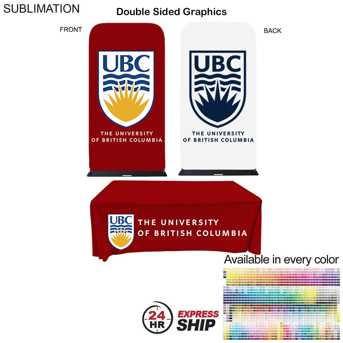 24Hr Express Ship - Event package, 4'W Fabric banner and Premium 8' tablecloth open back 1