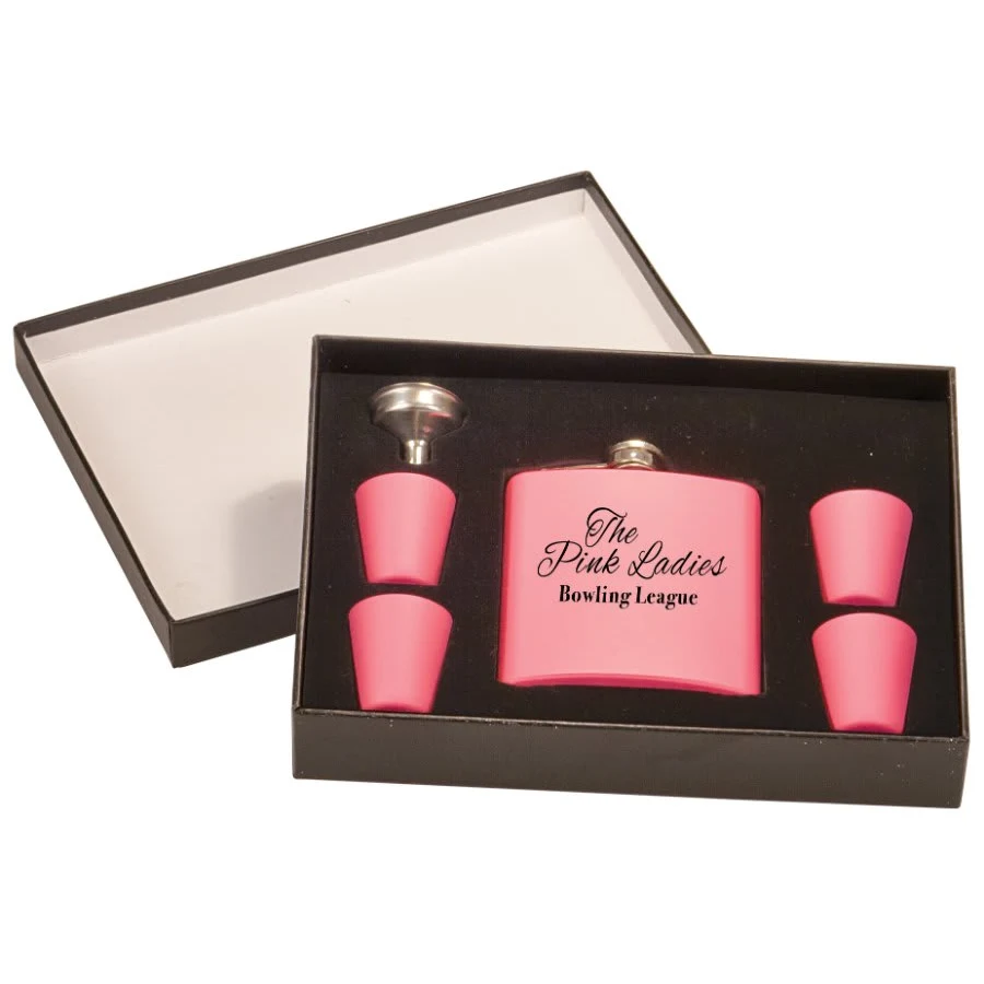 6 oz. Matte Pink Flask Set in Black Presentation Box 1