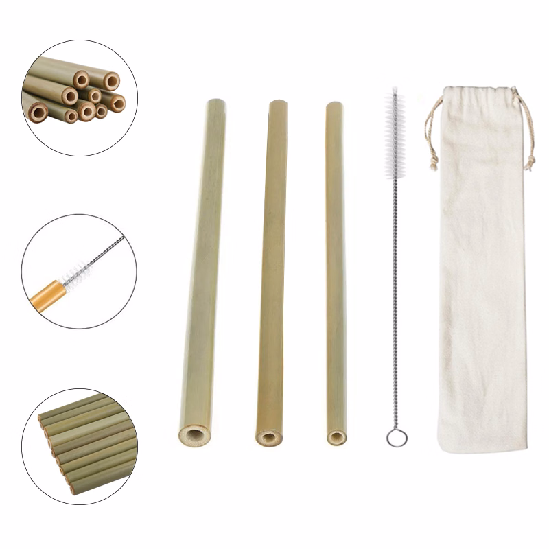 Set of 3 Reusable Bamboo Drinking Straws W/ Cleaning Brush In Carrying Pouch
