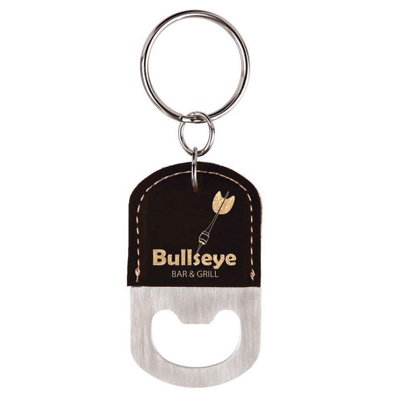 Black/Gold Oval Leatherette Bottle Opener Keychain