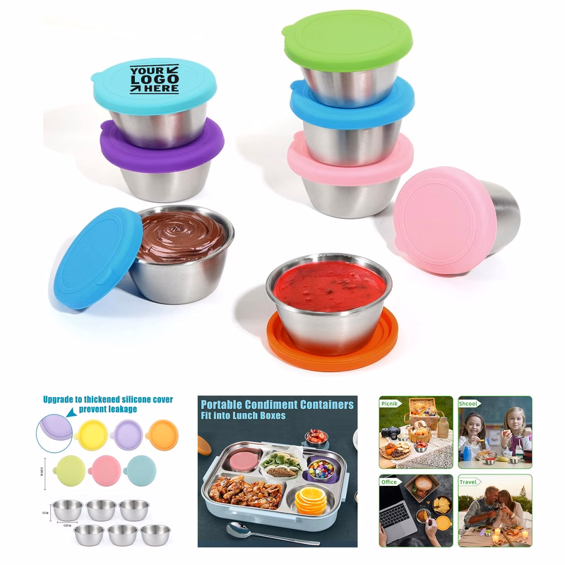 6 x 1.6 Oz Reusable Stainless Steel Small Condiment Sauce Cups Salad Dressing Containers with Lids