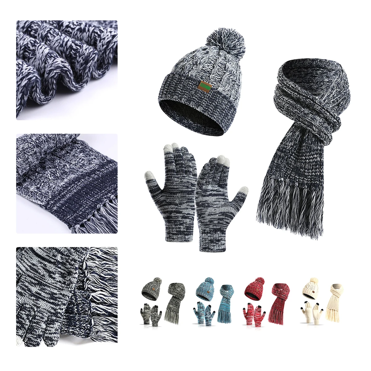 MOQ 50 Winter Knit Hat Scarf Touchscreen Gloves Set 1