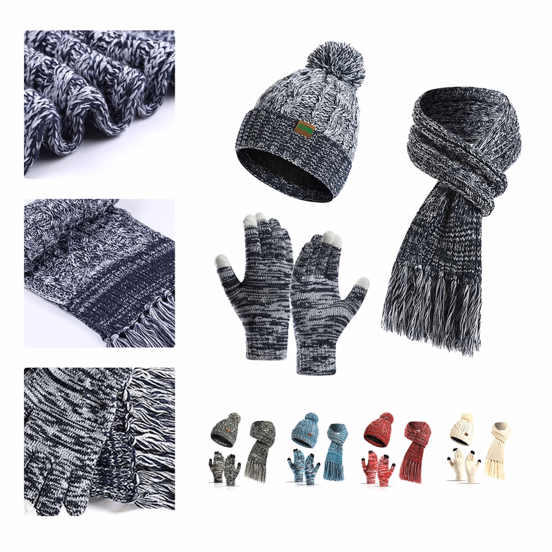 MOQ 50 Winter Knit Hat Scarf Touchscreen Gloves Set