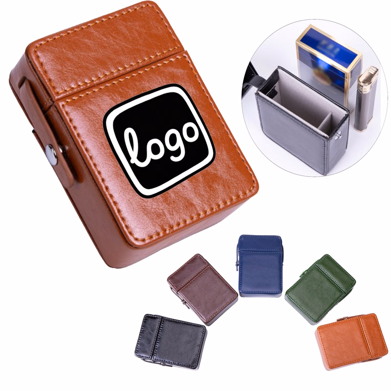 PU Metal Cigarette Case with Lighter Compartment Crush Proof Flip Top