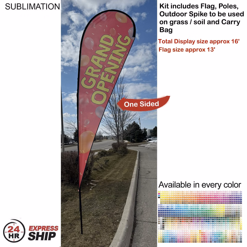 24Hr Express Ship -16' X-Large Tear Drop Flag Kit, Full Color Graphics One Side, Spike and Bag