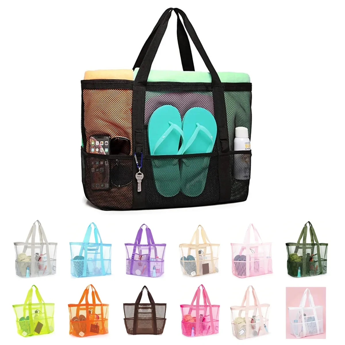 Large Storage Mesh Beach Tote Bags with 7 Pockets, custom tote bag with logo imprint 1