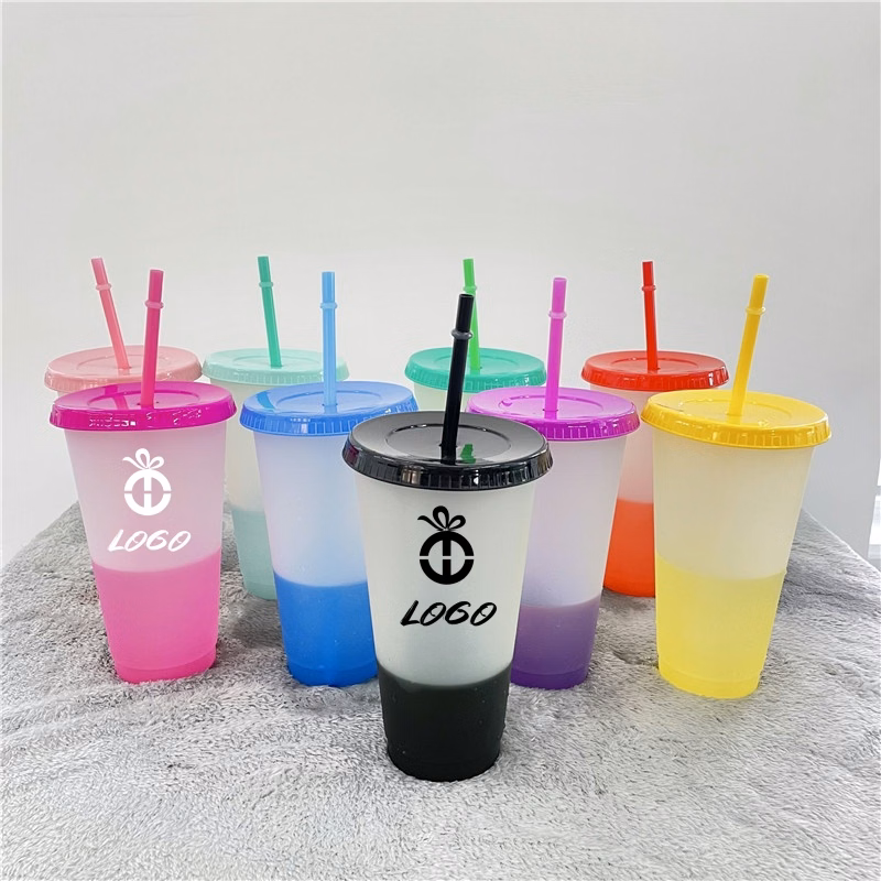 24 Oz. PP Plastic Color Changing Cup Set with Straws