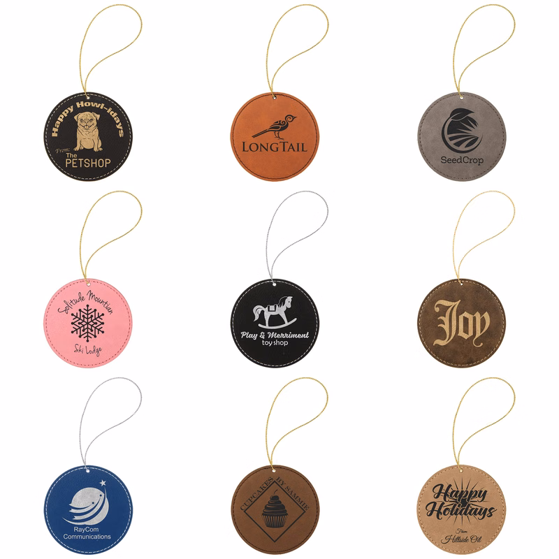 3.75" Laserable Leatherette Round Ornament with Decorative String