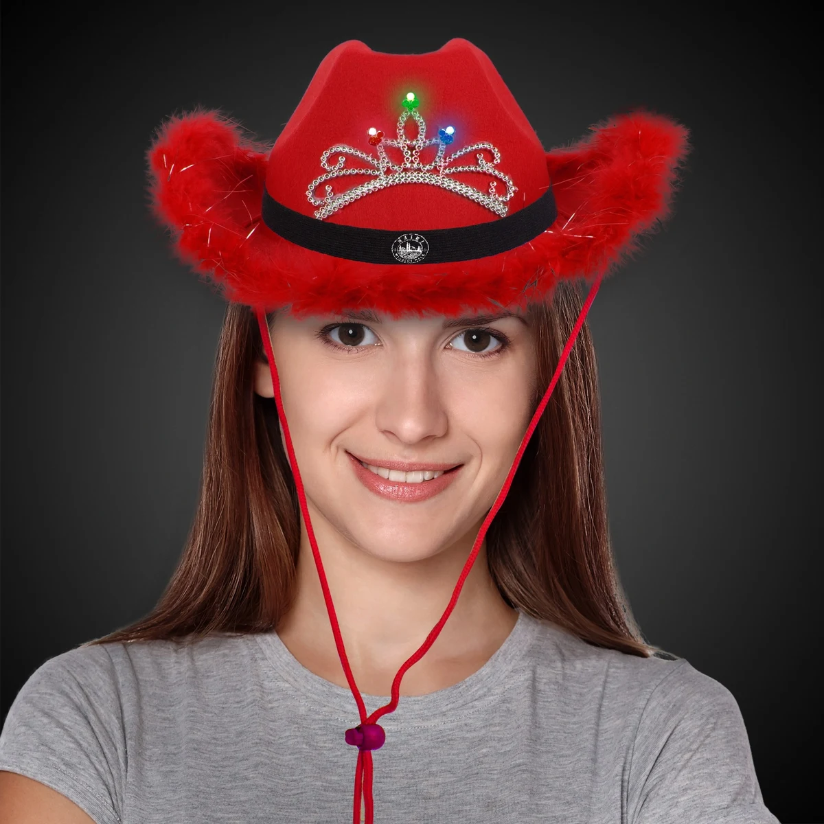 Red Light Up Cowboy Hat w/ Tiara and Feather(Black Imprinted Band) 1