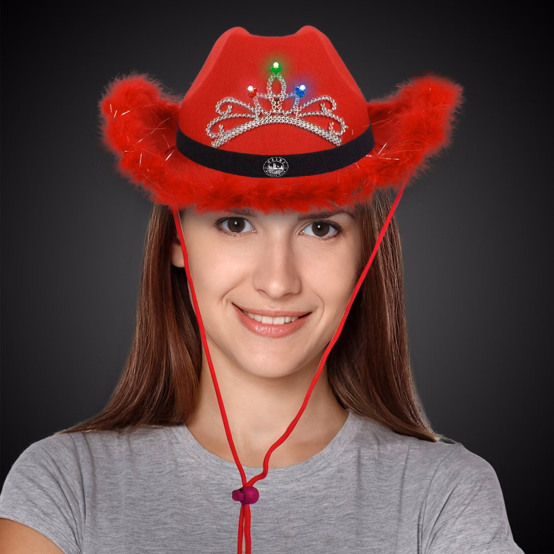 Red Light Up Cowboy Hat w/ Tiara and Feather(Black Imprinted Band)