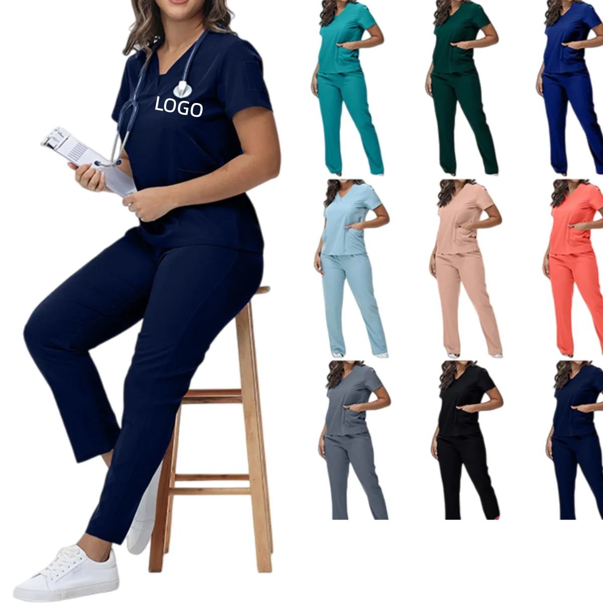 Short Sleeve Nurse Scrubs Set V-Neck Dental Assistan Uniform 1
