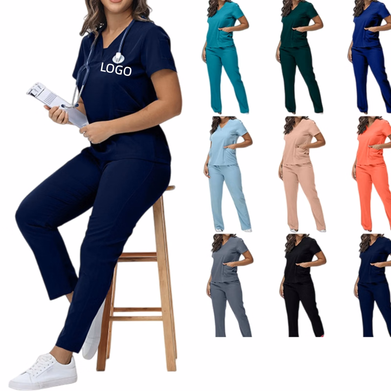Short Sleeve Nurse Scrubs Set V-Neck Dental Assistan Uniform