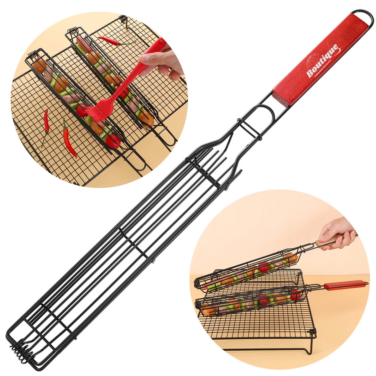 BBQ Grill Basket With Wooden Handle for Fish Vegetables 1