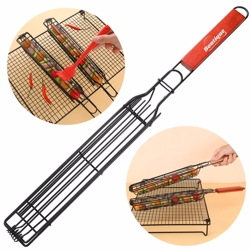 BBQ Grill Basket With Wooden Handle for Fish Vegetables