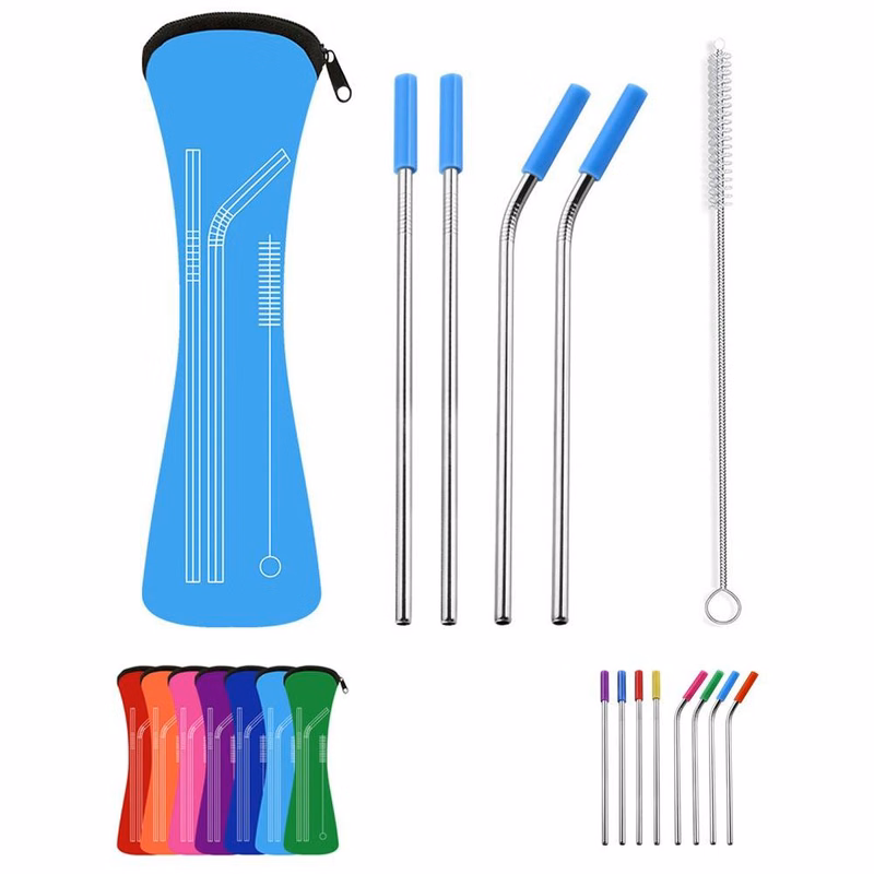 Reusable Stainless Steel Drinking Straws Set With Neoprene Pouch