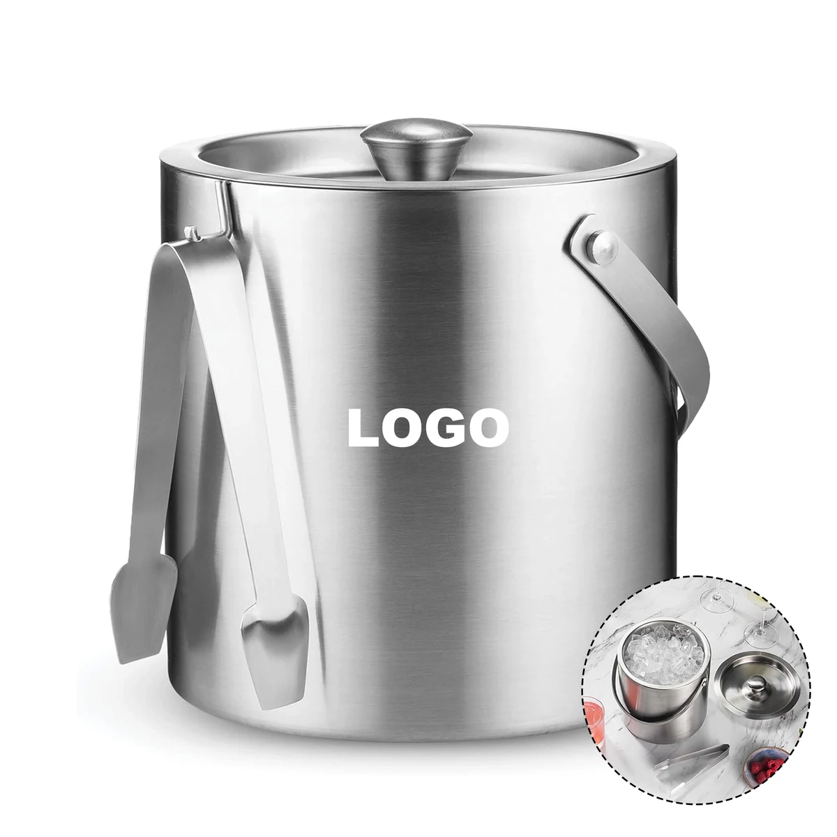 Stainless Steel Ice Bucket with Lid Tong Strainer 1