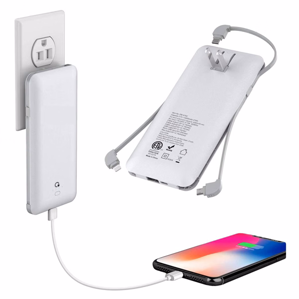 10,000mAh Portable Charger with AC Plug and Built-in Cables
