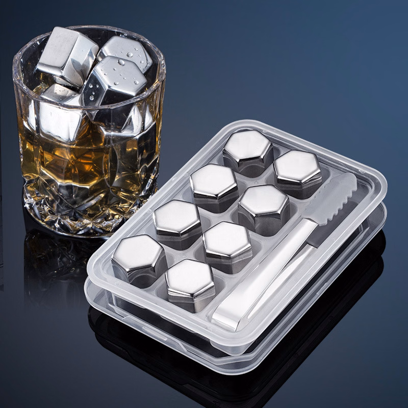 Silver Hexagonal Shape 8 PCS Stainless Steel Ice Cube Set