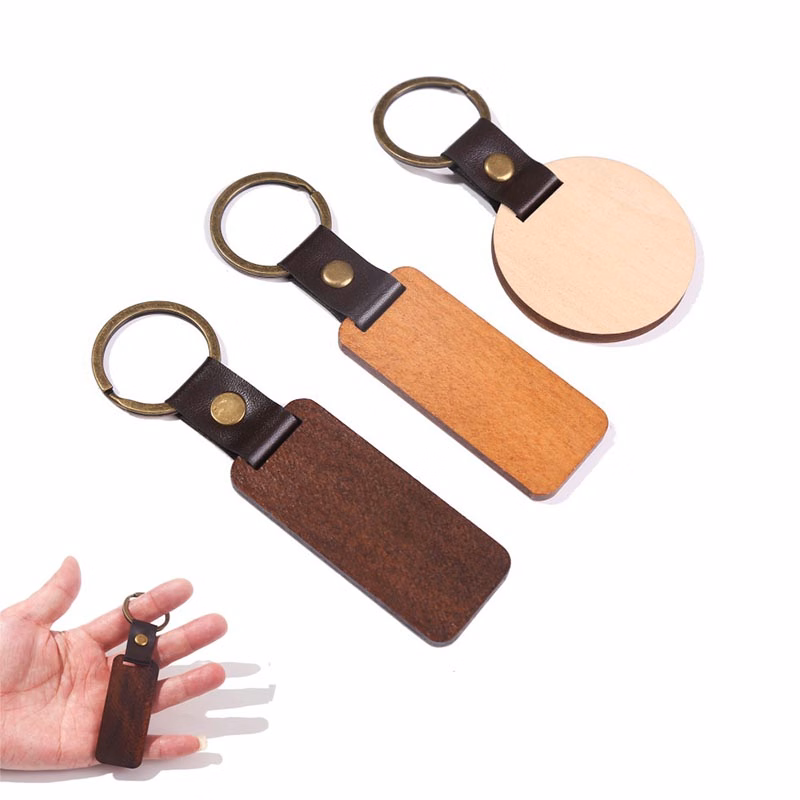 Engraved Wooden w/ Leather Keychain