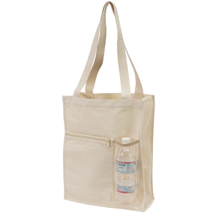Canvas Mesh Tote Bag with Bottle Holder, custom tote bag with logo imprint 1