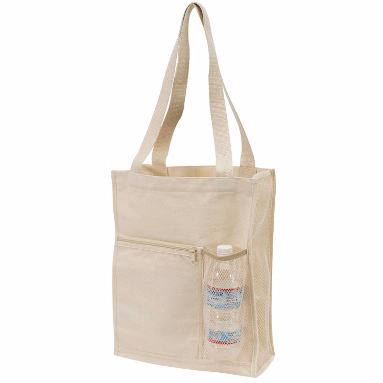 Canvas Mesh Tote Bag with Bottle Holder