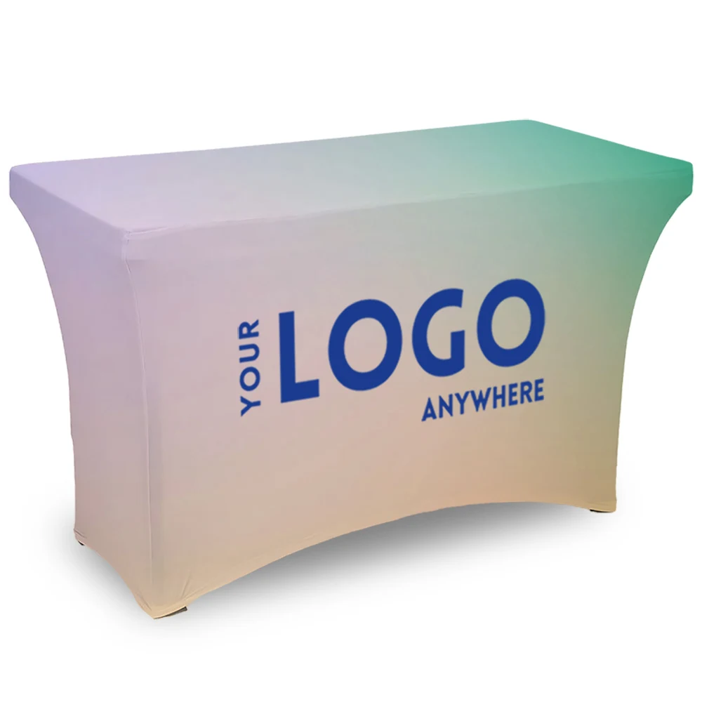 4' Fitted, 4-Sided Contour Stretch All-Over Imprint Table Cover 1