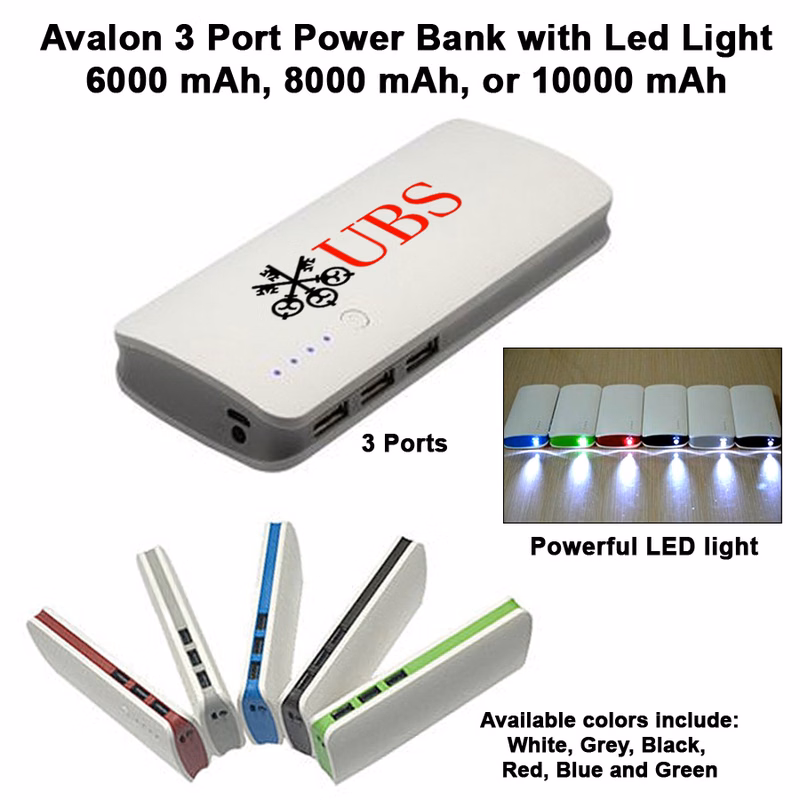 Avalon 3 Port Power Bank with LED Light 6000 mAh